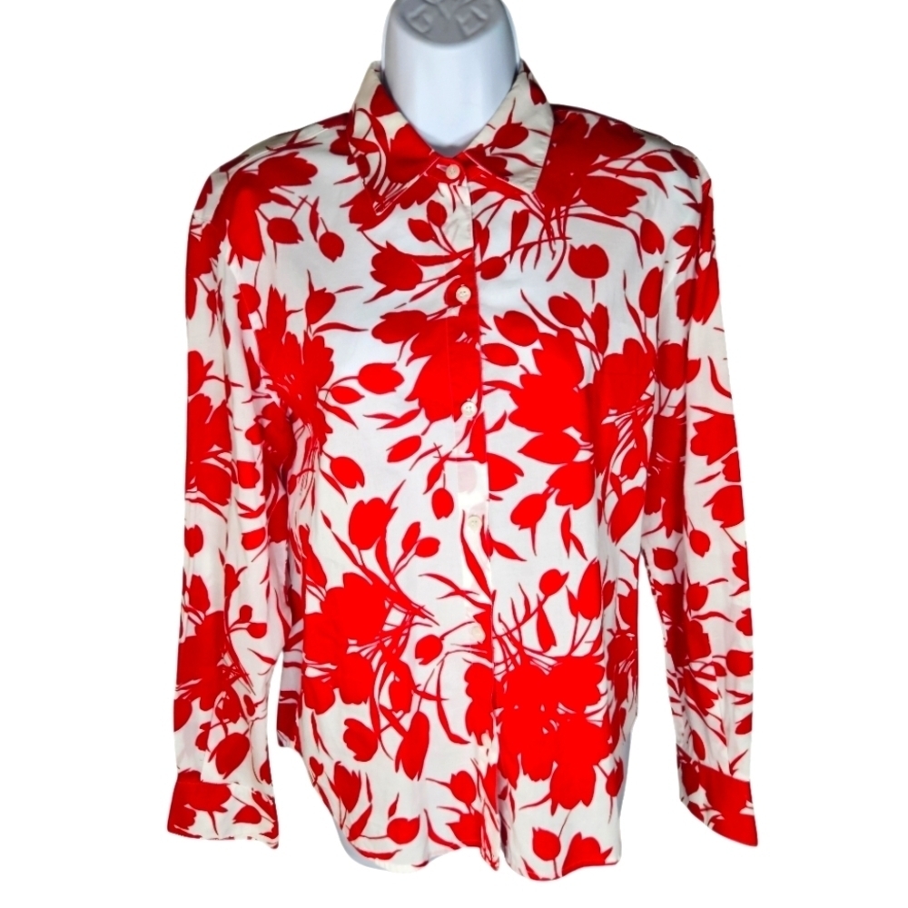 0033 Liz Claiborne Lizsport Red White Floral Button Up Longsleeve Office Size S